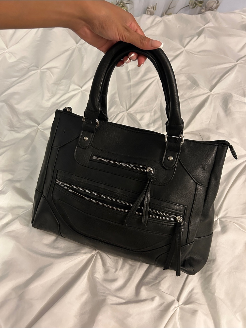 Bueno Black Leather Satchel with Front Zip Pockets